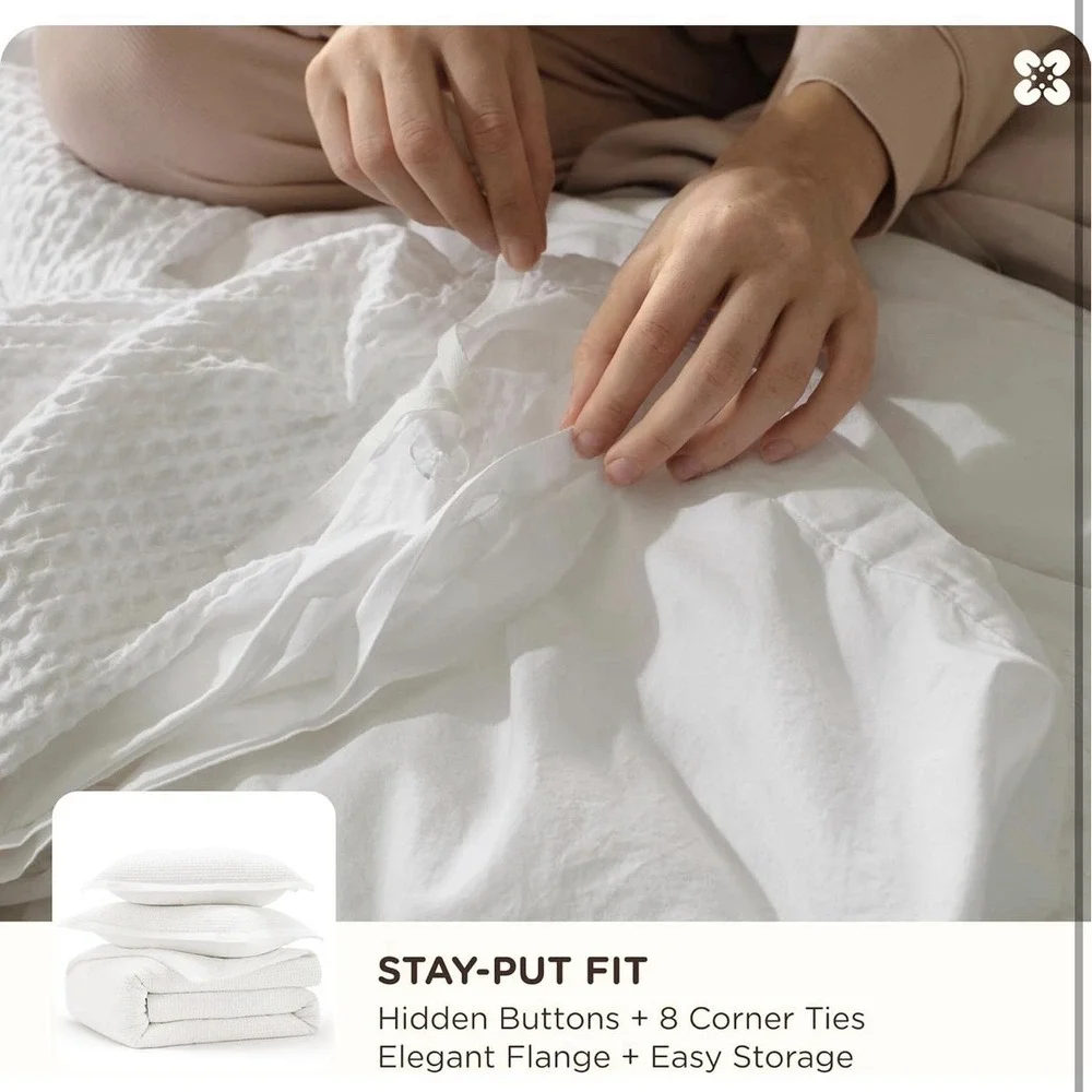 King Size Duvet Cover 100% Cotton Waffle Weave, Coconut White